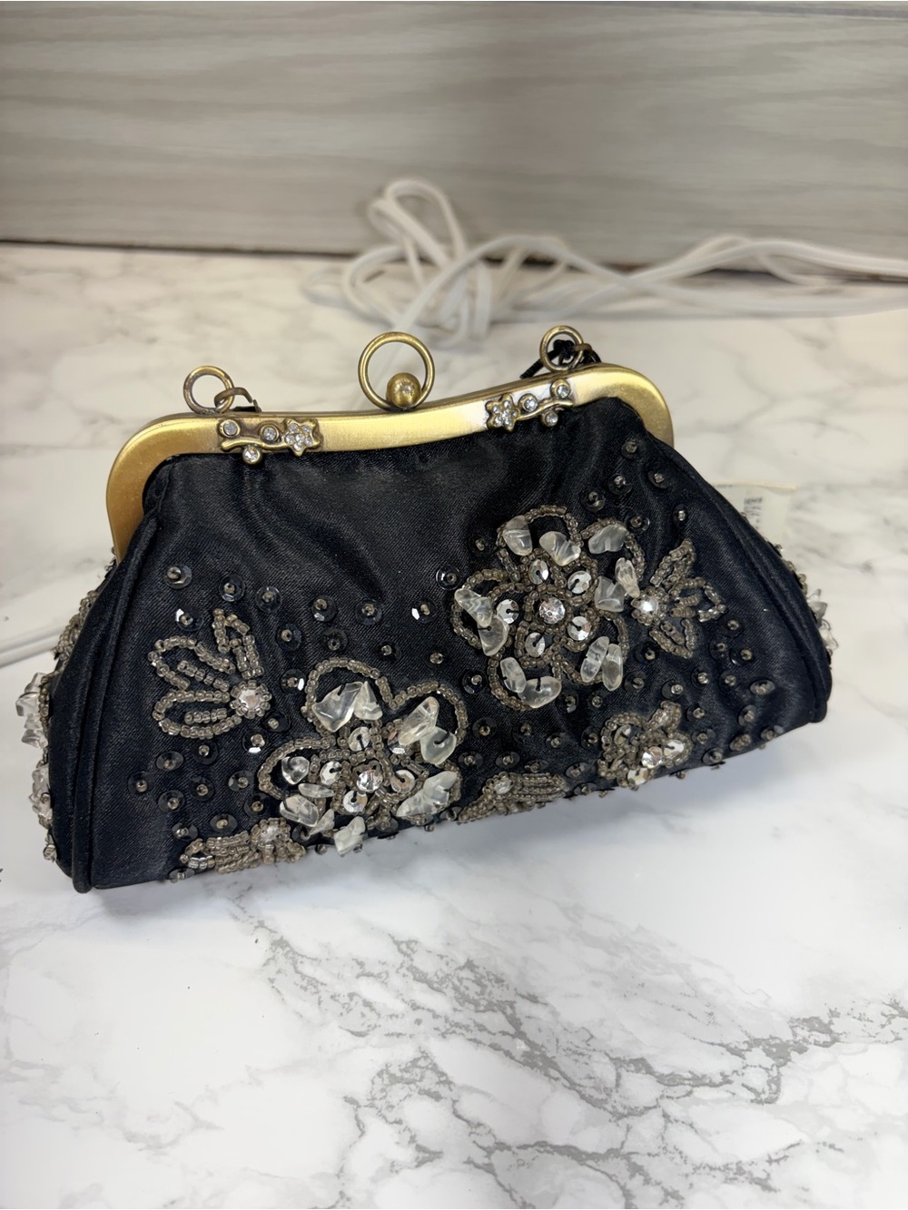 Embellished Black Evening Clutch with Gold Frame